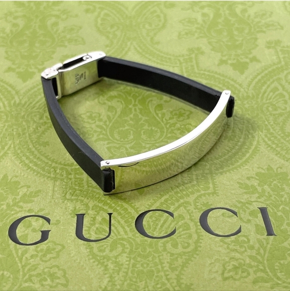 GUCCI bracelet plate Silver925/rubber silver/black/ UNISEX - Picture 1 of 6